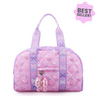front view of a pink & purple color blocked floral & bow print medium duffle bag. Sequin bow charm included 