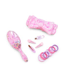 Pink Bow Printed Hair Accessory Set including a plush spa headband, hairbrush with shaky confetti, 4 hair clips, and assorted hair scrunchies