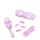 Pink Gingham Bow Hair Accessory Set including a plush spa headband, hairbrush with shaky confetti, 4 hair clips, and assorted hair scrunchies 