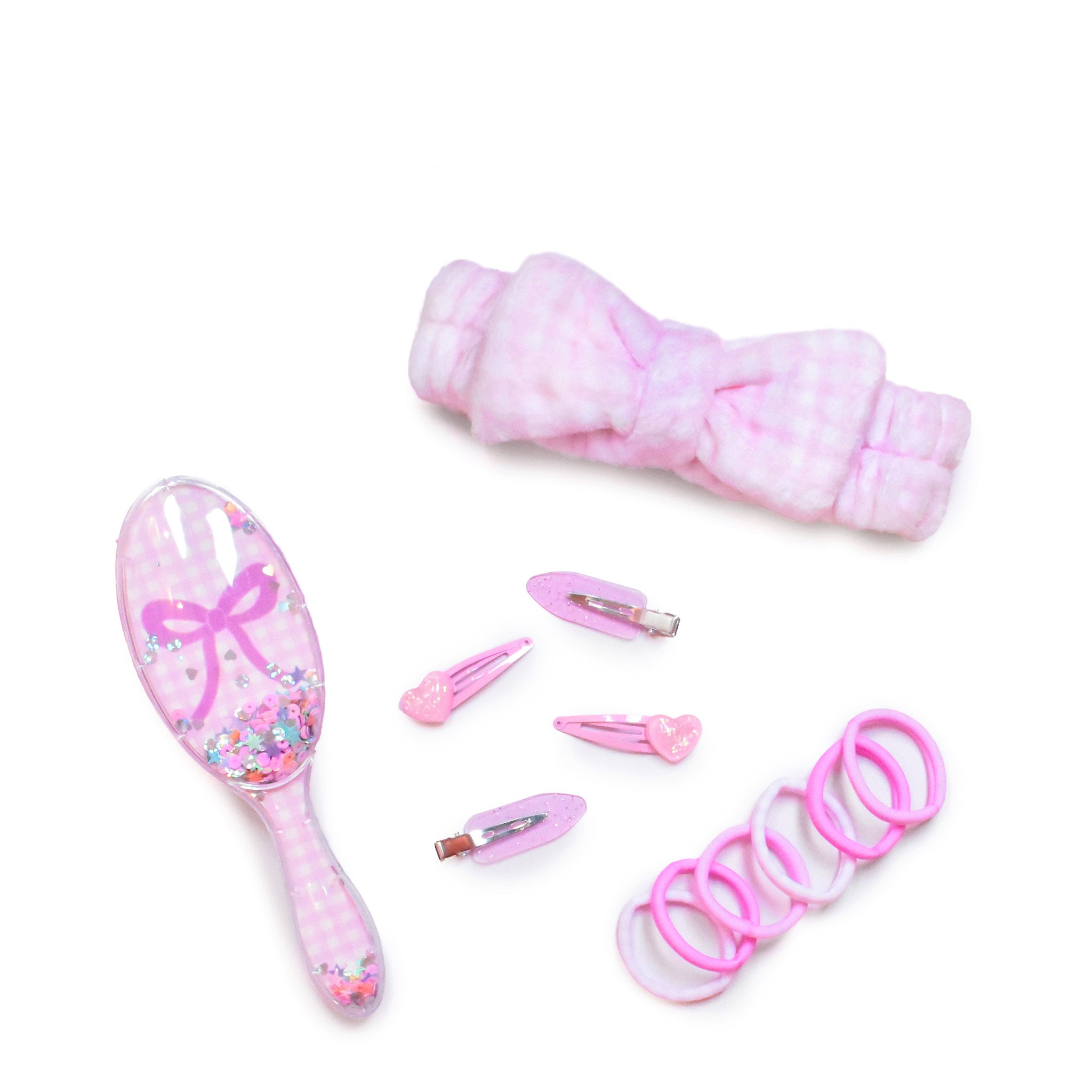 Pink Gingham Bow Hair Accessory Set including a plush spa headband, hairbrush with shaky confetti, 4 hair clips, and assorted hair scrunchies 