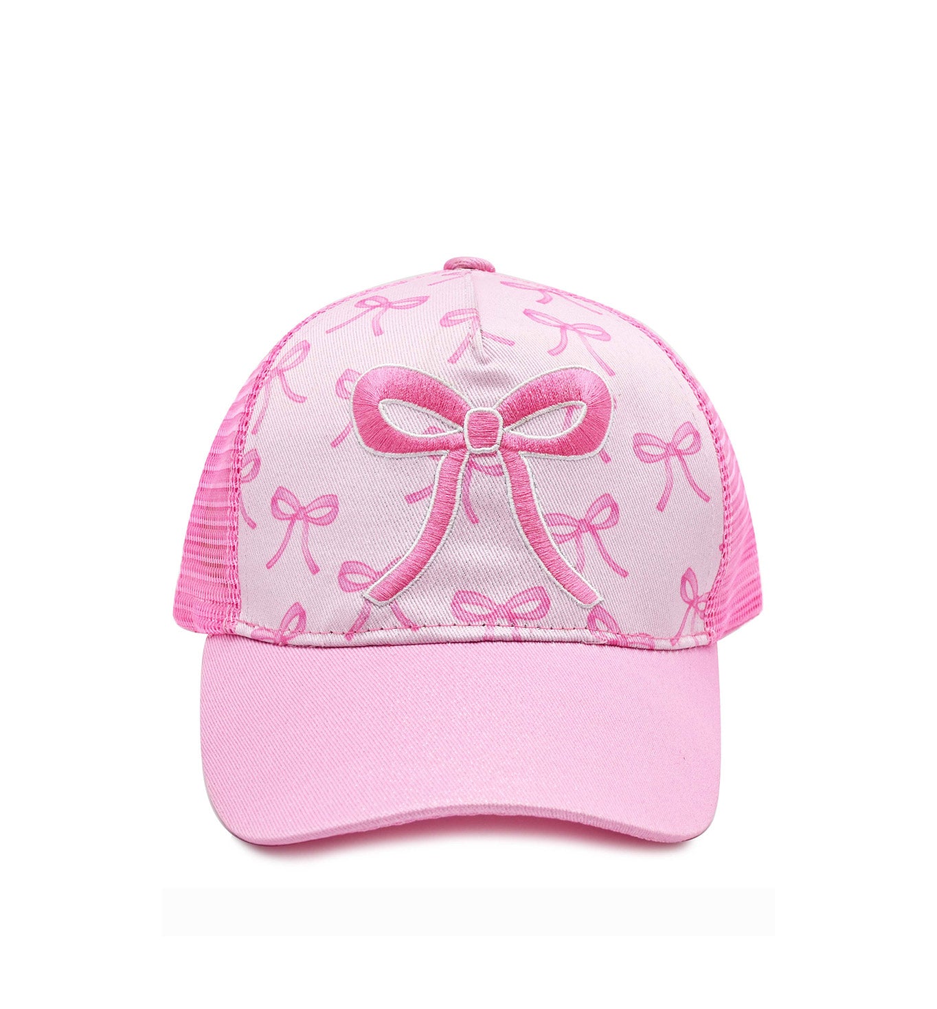front view of bow pink bow printed trucker hat with a bow embroidered appliqué 