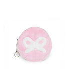 A round pink faux fur coin purse with a white bow design on the front and a silver zipper, shown on a plain white background.
