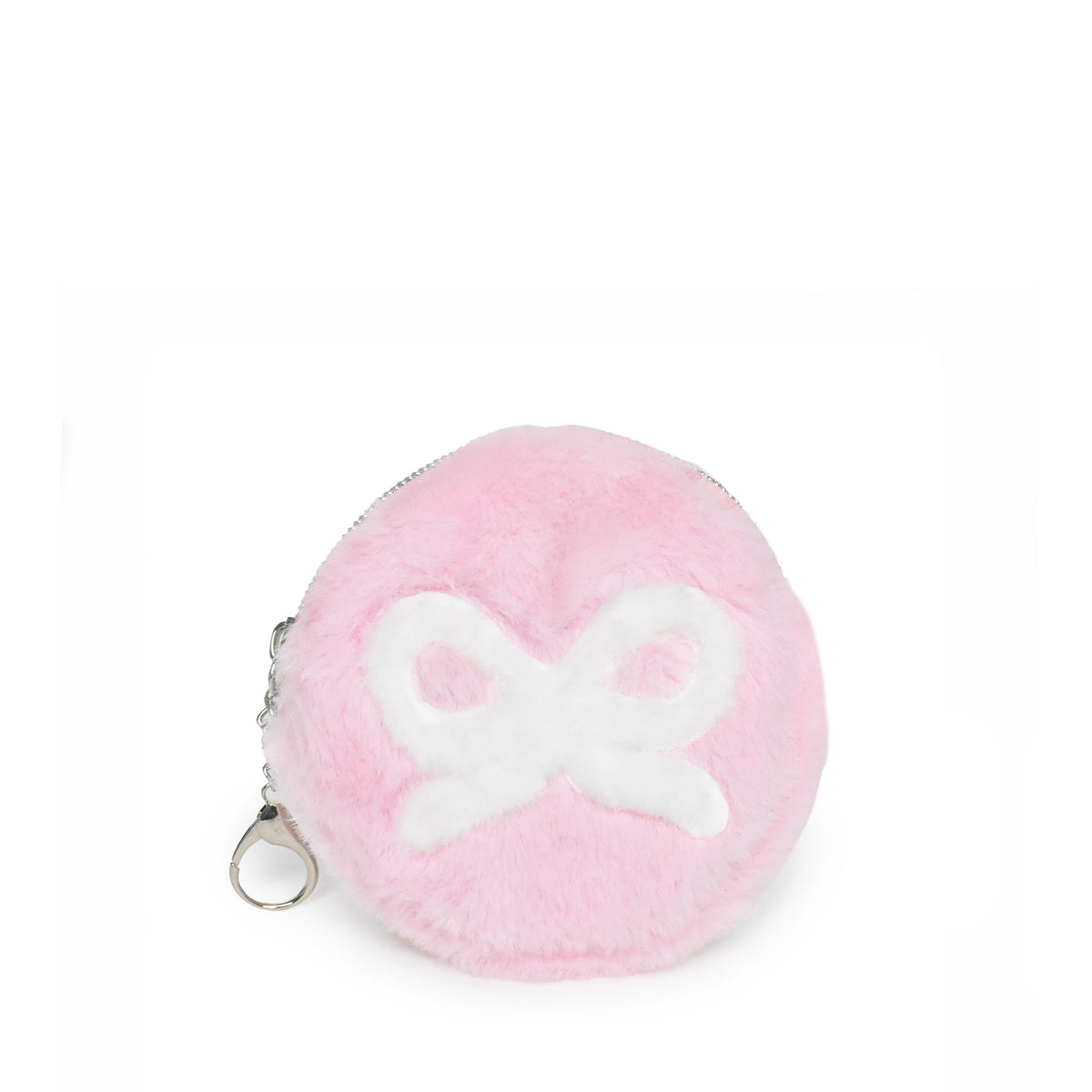 A round pink faux fur coin purse with a white bow design on the front and a silver zipper, shown on a plain white background.