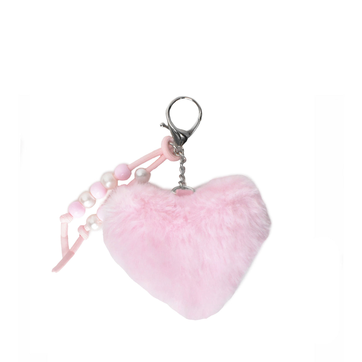 A pink fluffy heart-shaped keychain charm with a silver lobster clasp and small pearl-like beads, shown on a plain white background.