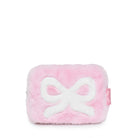 A pink plush cosmetic pouch with a white bow on the front, set against a plain white background.
