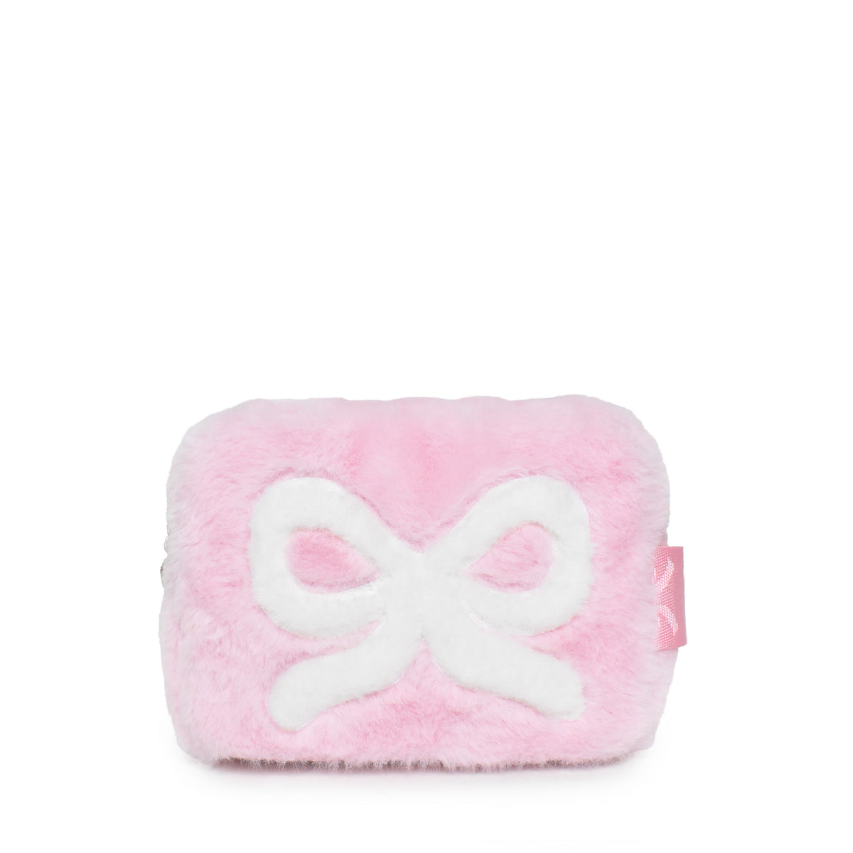 A pink plush cosmetic pouch with a white bow on the front, set against a plain white background.
