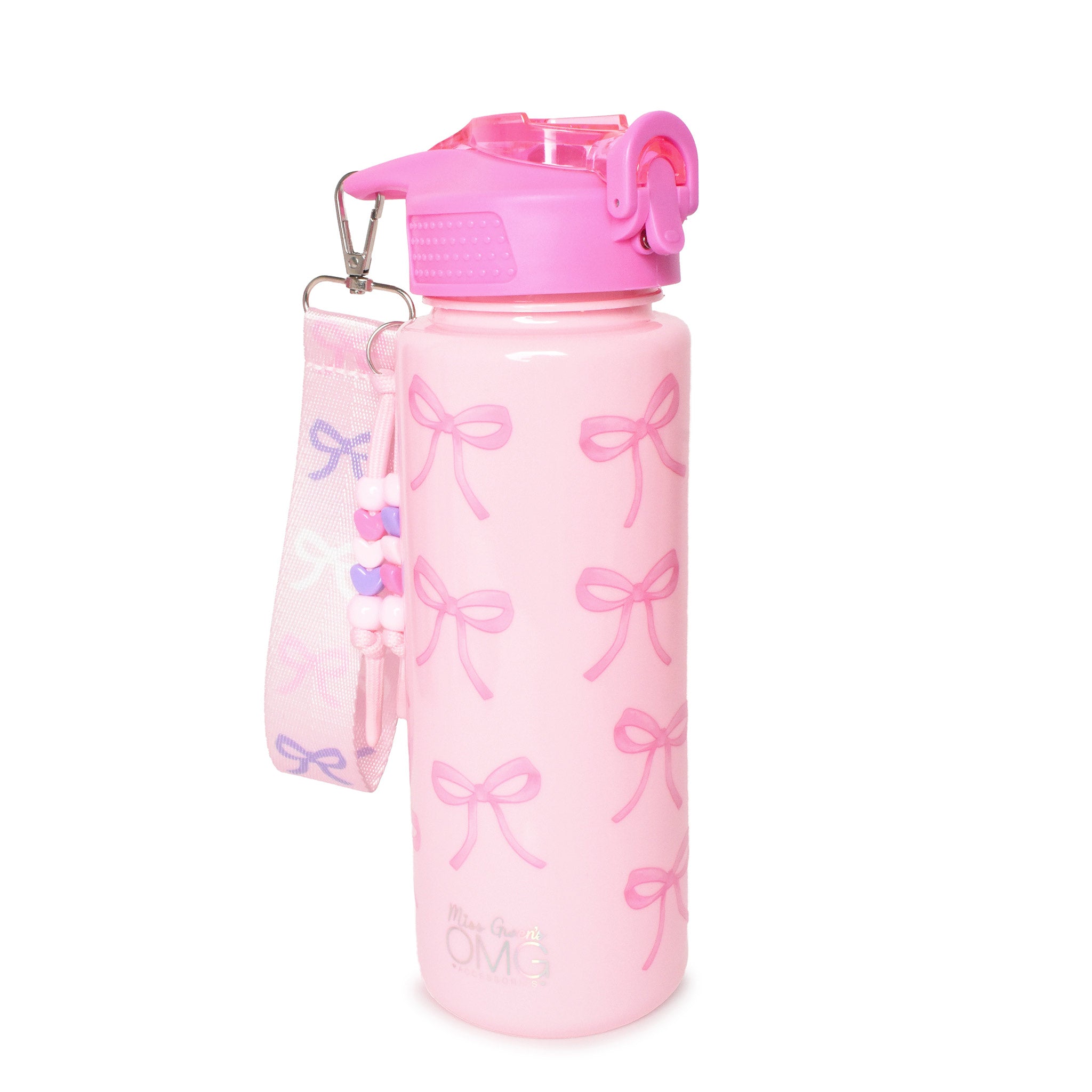 pink bow plastic water bottle with detachable wristlet 