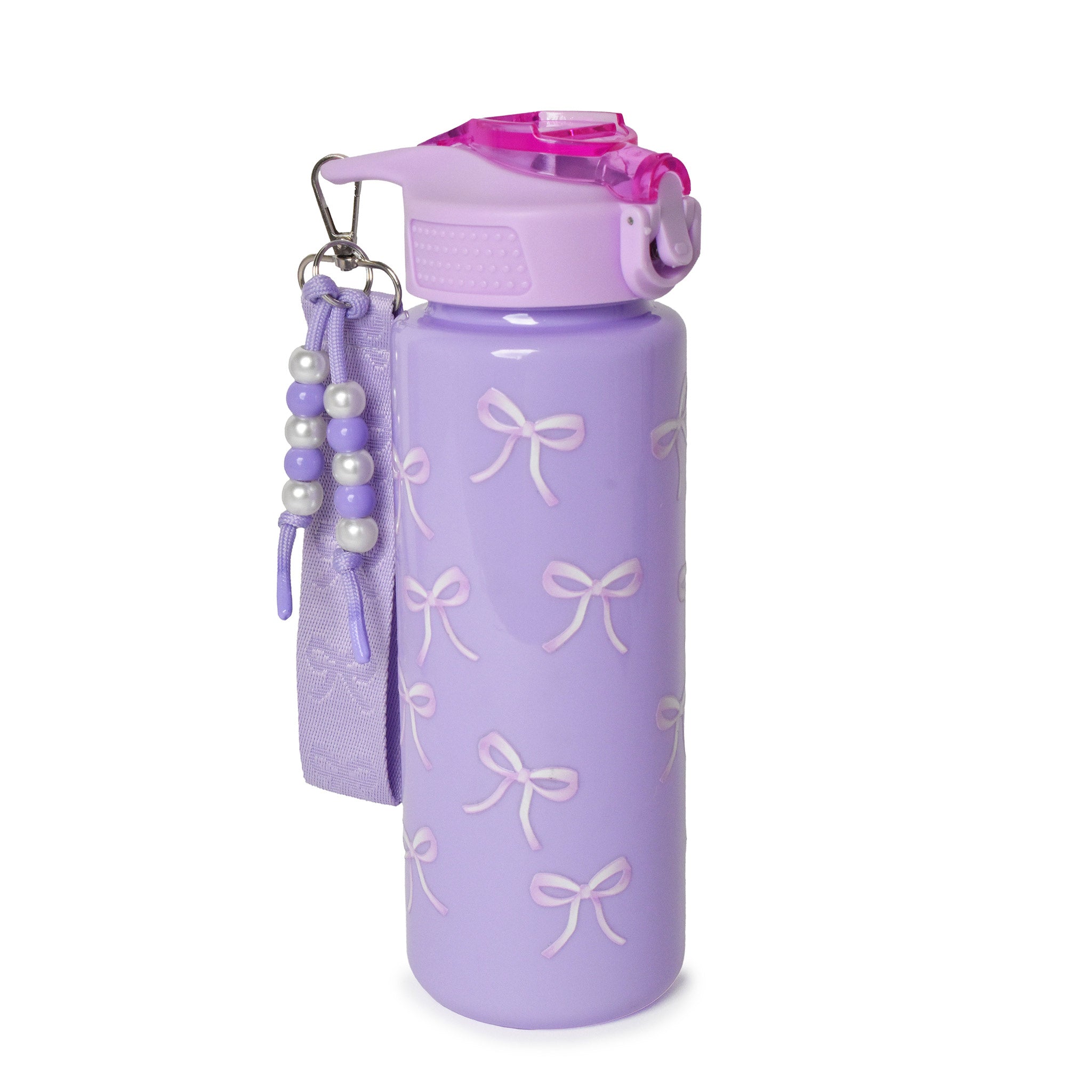 purple bow print
plastic water bottle with detachable wristlet 
