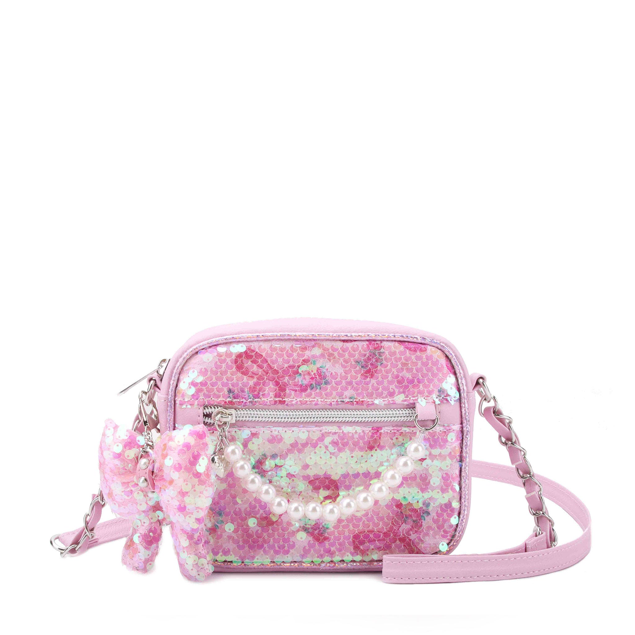 Pink Bow Print Sequins Crossbody bag with a pearl chain puller and sequins bow detachable bag charm