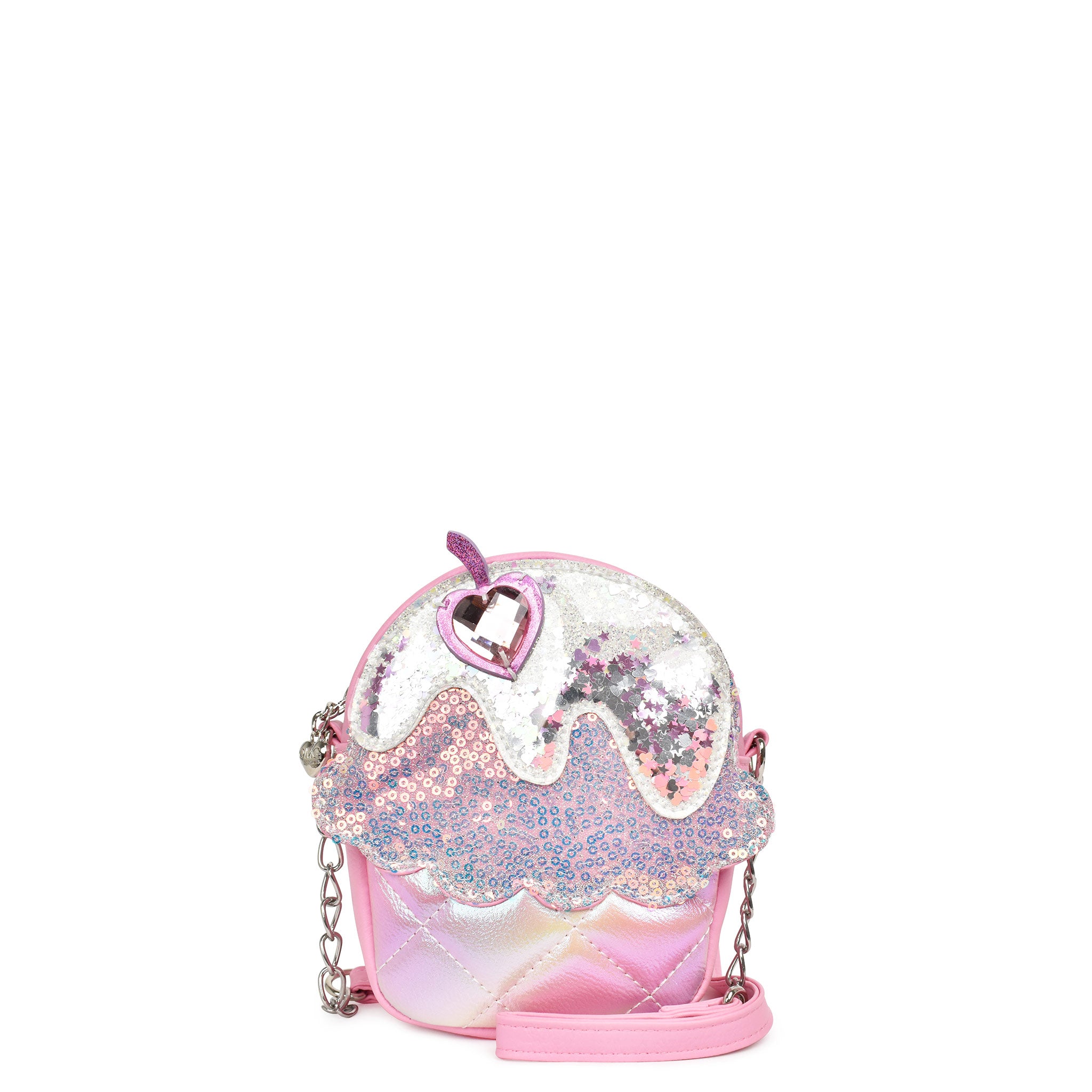 front view of a sequin cupcake shaped crossbody bag with confetti sprinkles and a cherry gem