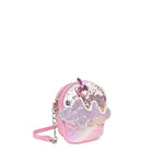 side view of a sequin cupcake shaped crossbody bag with confetti sprinkles and a cherry gem