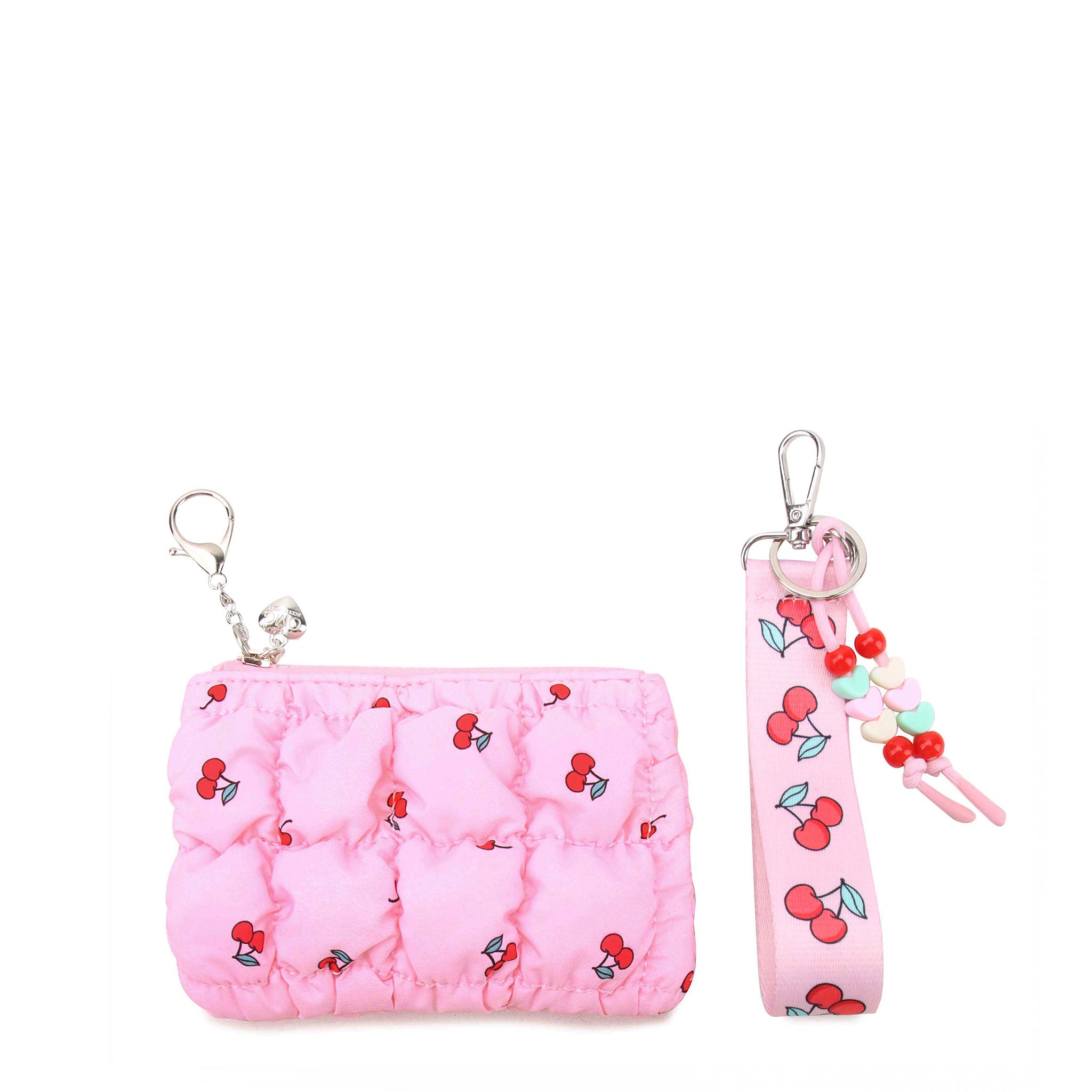 front view of a quilted pink cherry printed rectangular shaped keychain and a pink cherry printed lanyard keychain with beaded detailing.