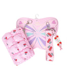 front view of a quilted pink cherry printed rectangular shaped keychain and a pink cherry printed lanyard keychain with beaded detailing attached to pink butterfly shaped cardboard.