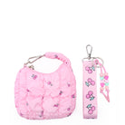 pink quilted cherry printed bag charm with  matching detachable wristlet strap