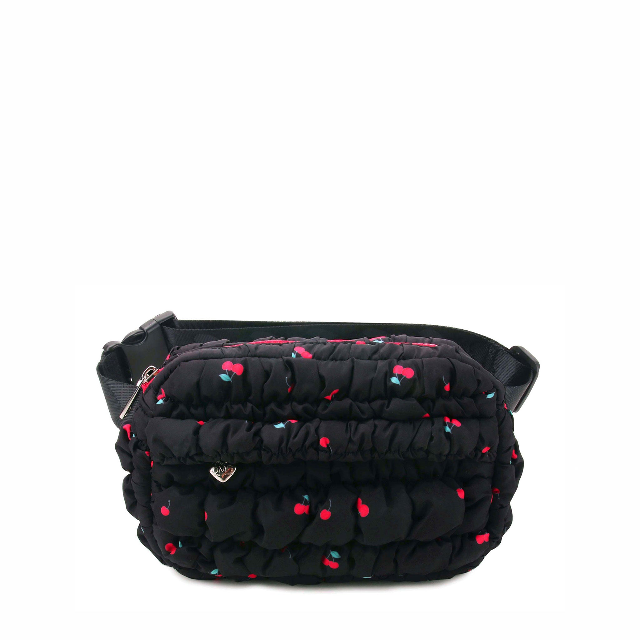 front view of a black quilted crossbody with red cherry print