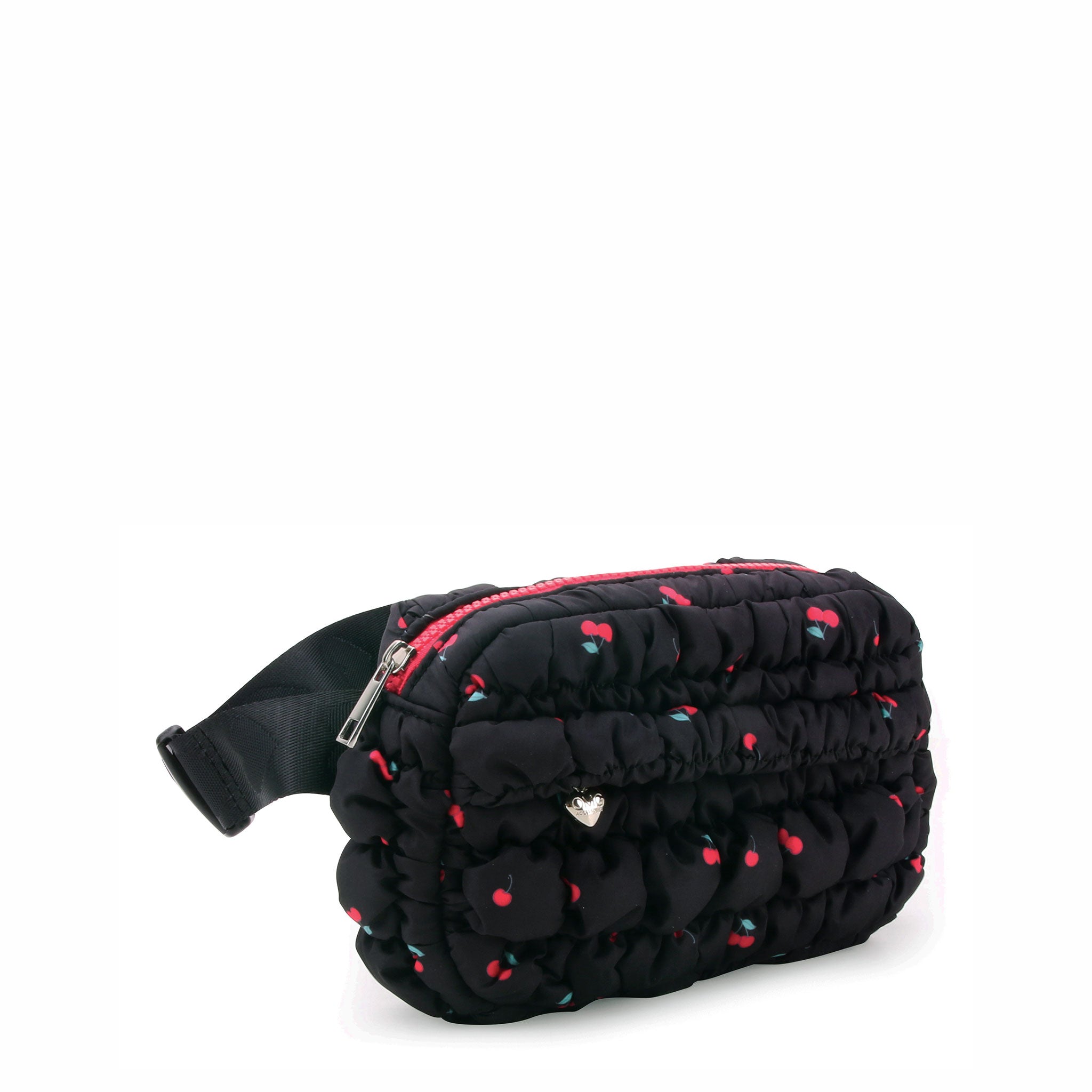 side view of a black cherry printed quilted scrunch fanny pack with front zipper pocket