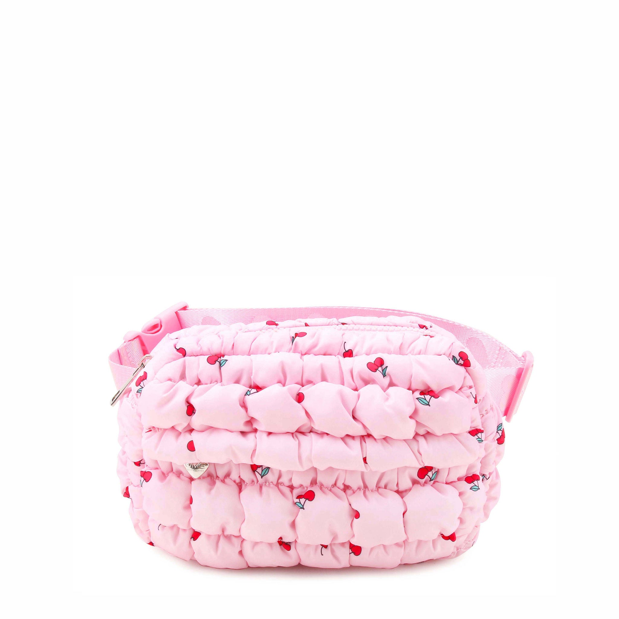 front view of a pink cherry printed quilted scrunch fanny pack with front zipper pocket