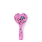 Cherry Printed Pink Heart Shaped Hair brush, with a large rhinestoned cherry print in the center of the brush