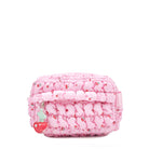 front view of a cherry printed pink nylon quilted pouch with a cherry keychain charm