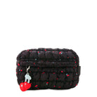 front view of a black , cherry printed nylon quilted pouch with a cherry keychain charm