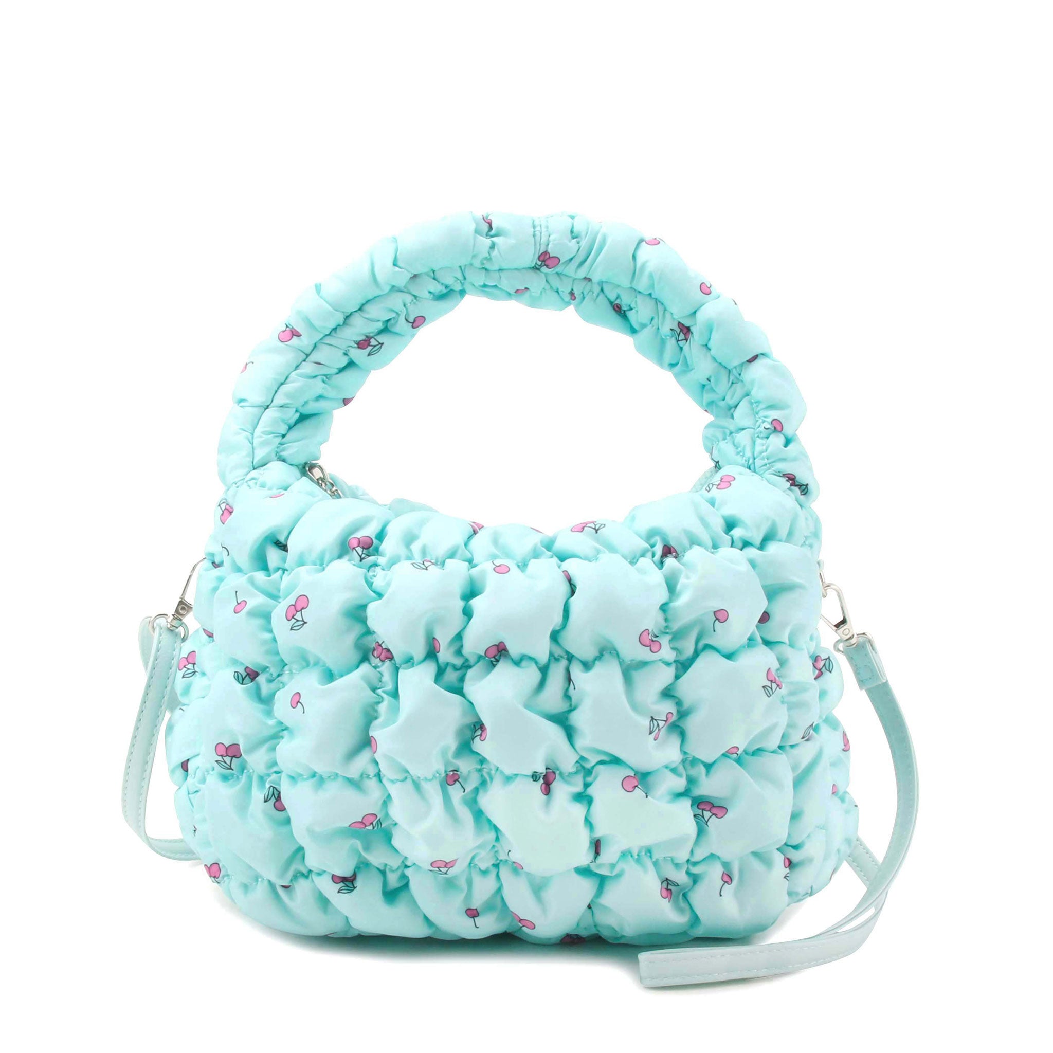 Front View of Light Aqua Cherry Printed Scrunch Mini Hobo Bag