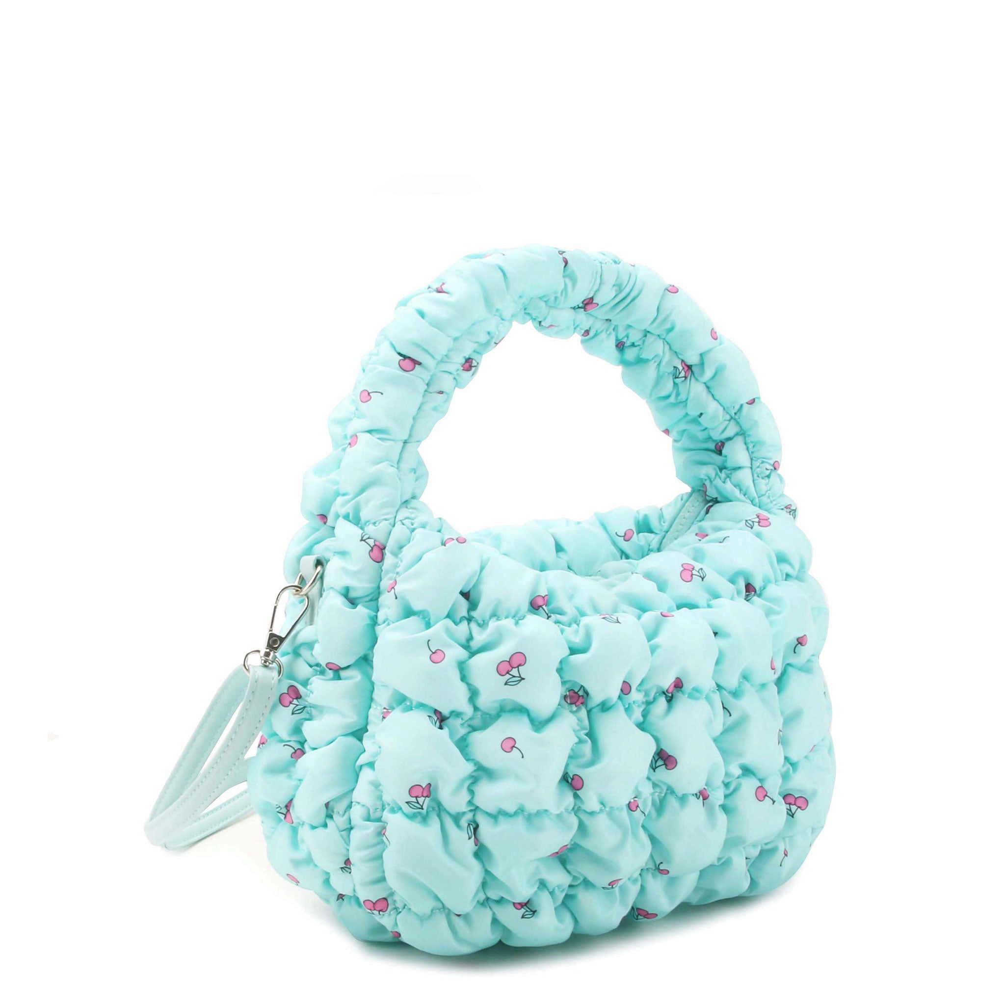 Side View of Light Aqua Cherry Printed Scrunch Mini Hobo Bag