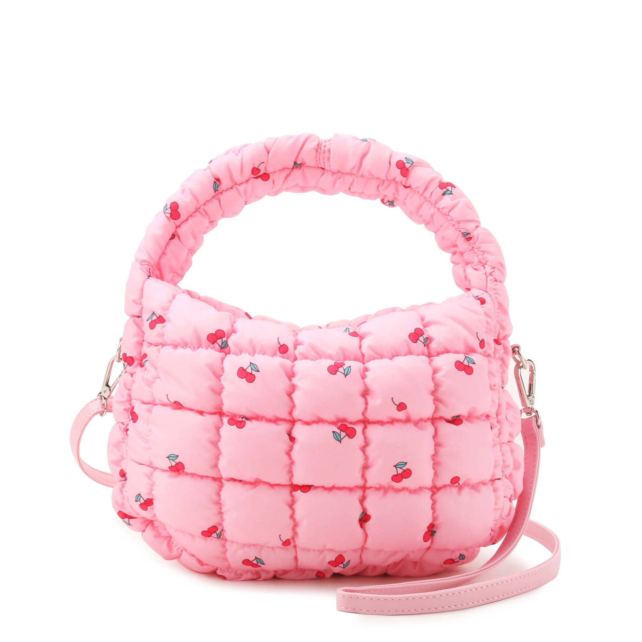 Front View of Pink Cherry Printed Scrunch Mini Hobo Bag