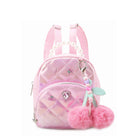 Pink metallic quilted micro mini backpack printed with cherries, with a plush cherry bag charm and pearl top handle