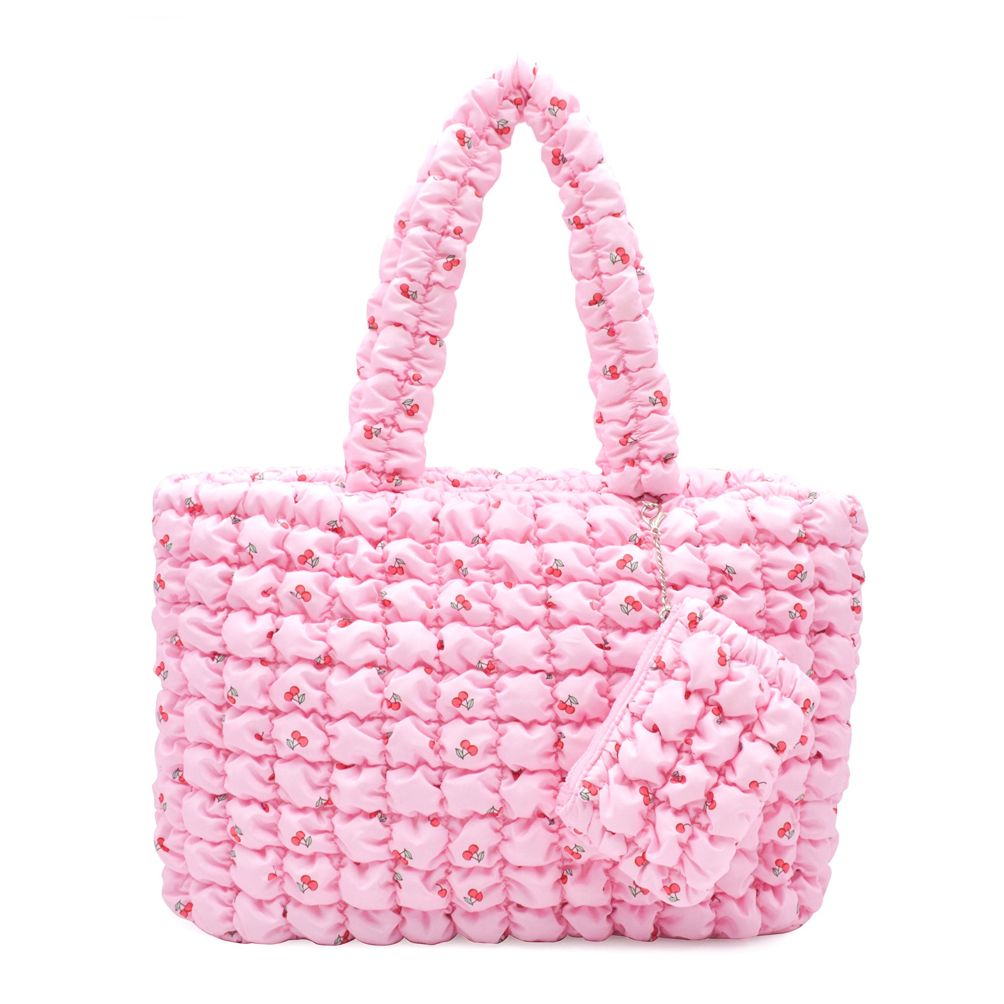 Front View of a Light Pink Cherry Print Nylon quilted large tote bag with matching coin purse