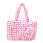 Front View of a Light Pink Cherry Print Nylon quilted large tote bag with matching coin purse