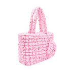 Side View of a Light Pink Cherry Print Nylon quilted large tote bag with matching coin purse