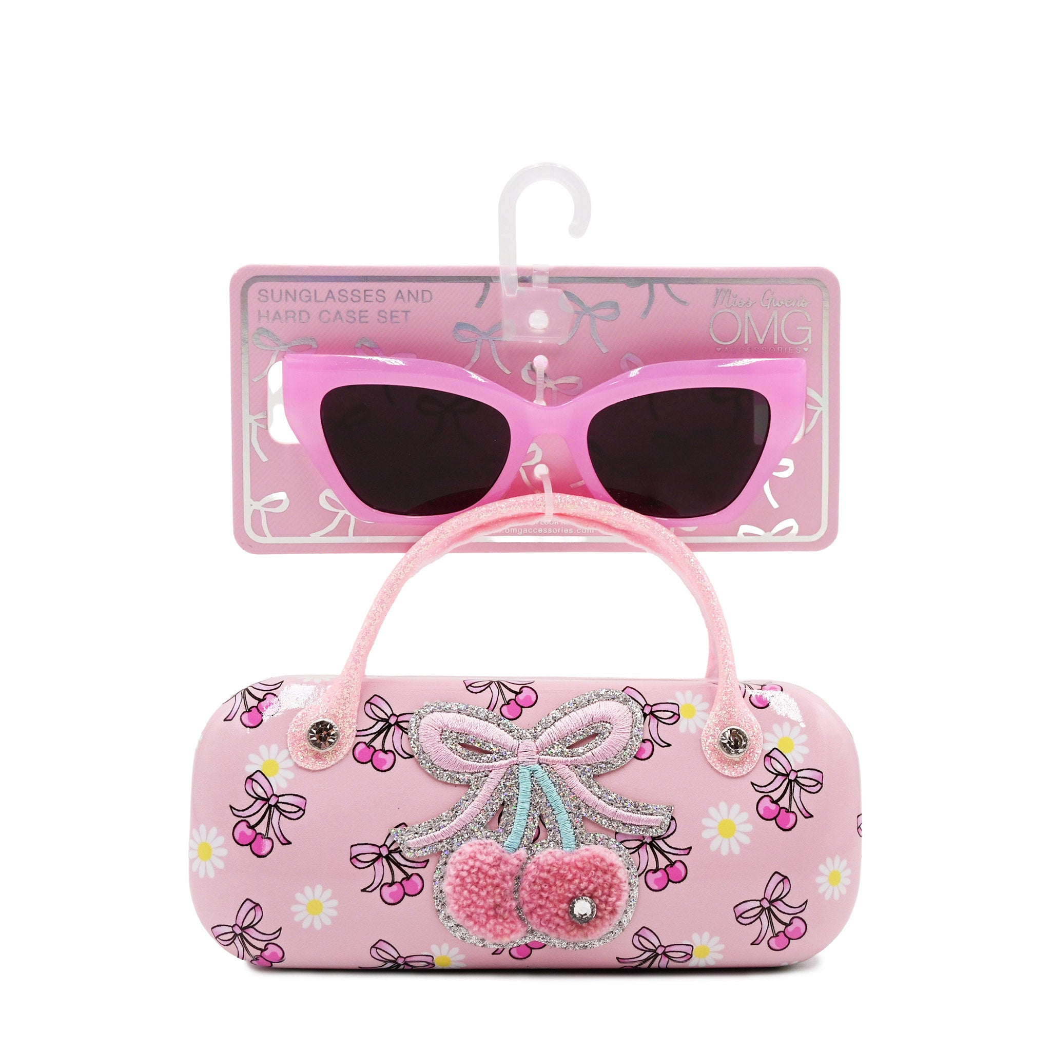 Pink sunglasses with decorative case on a white background