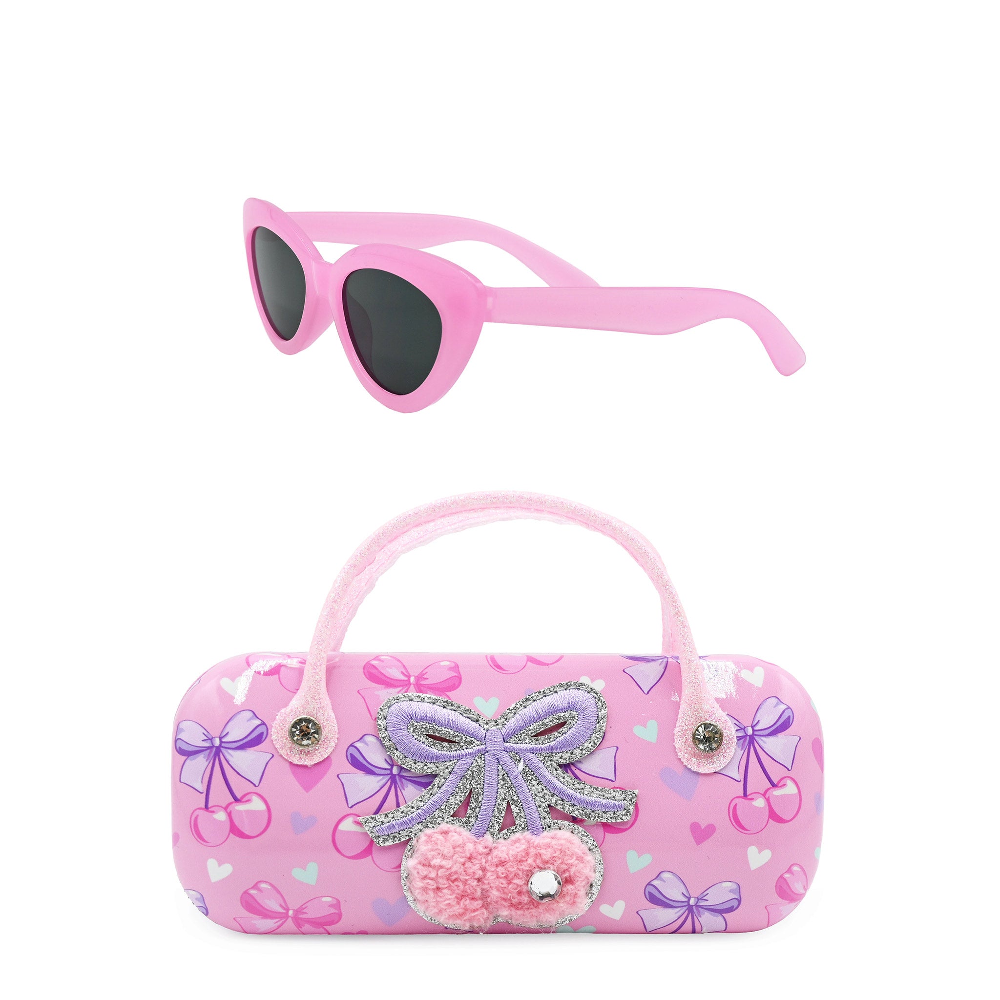 Pink sunglasses with a decorative pink cherry print case on a white background