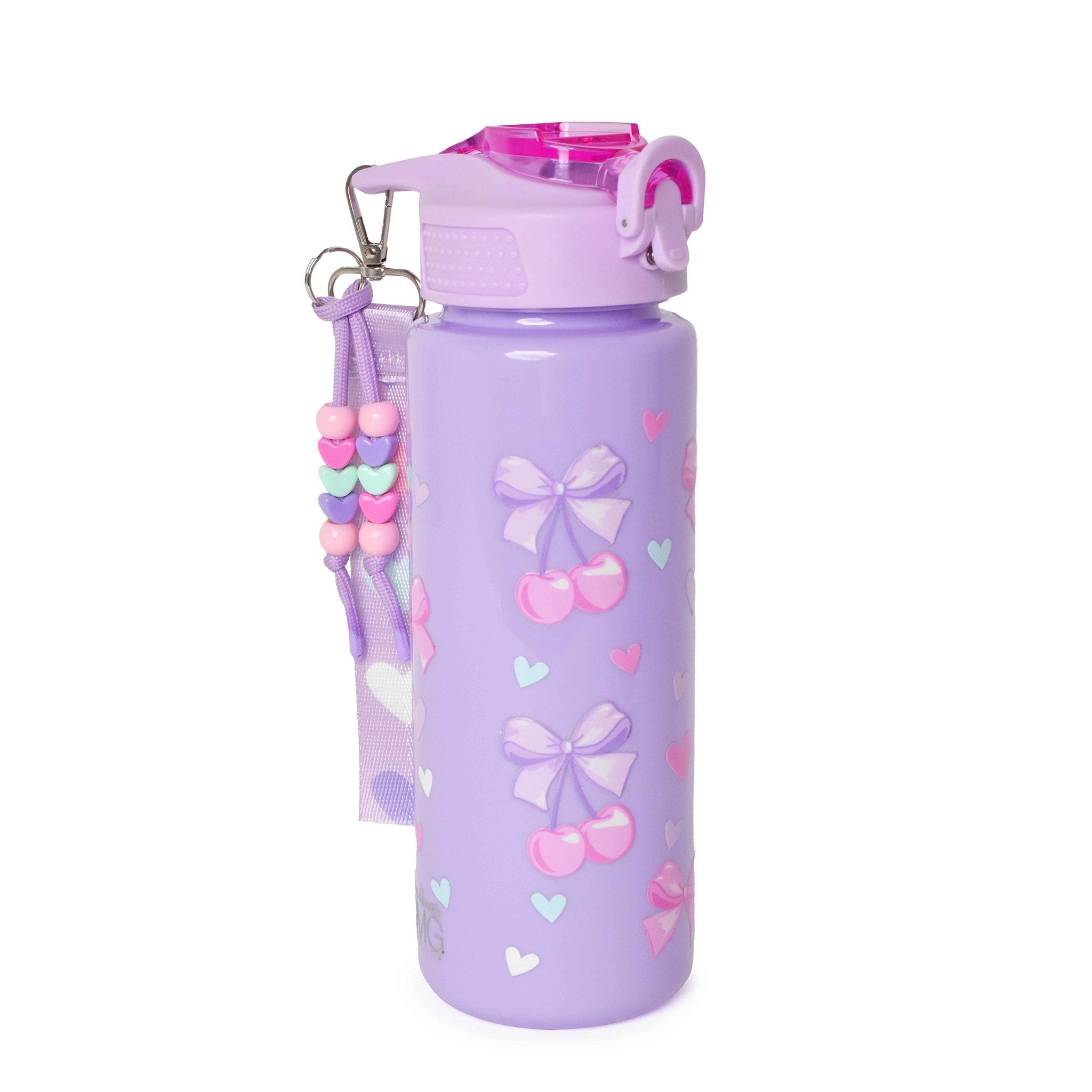 Purple water bottle with cherry heart and bow designs with heart printed detachable wristlet