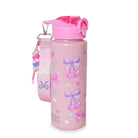 Pink water bottle with cherry, bow and heart designs with bow print wristlet