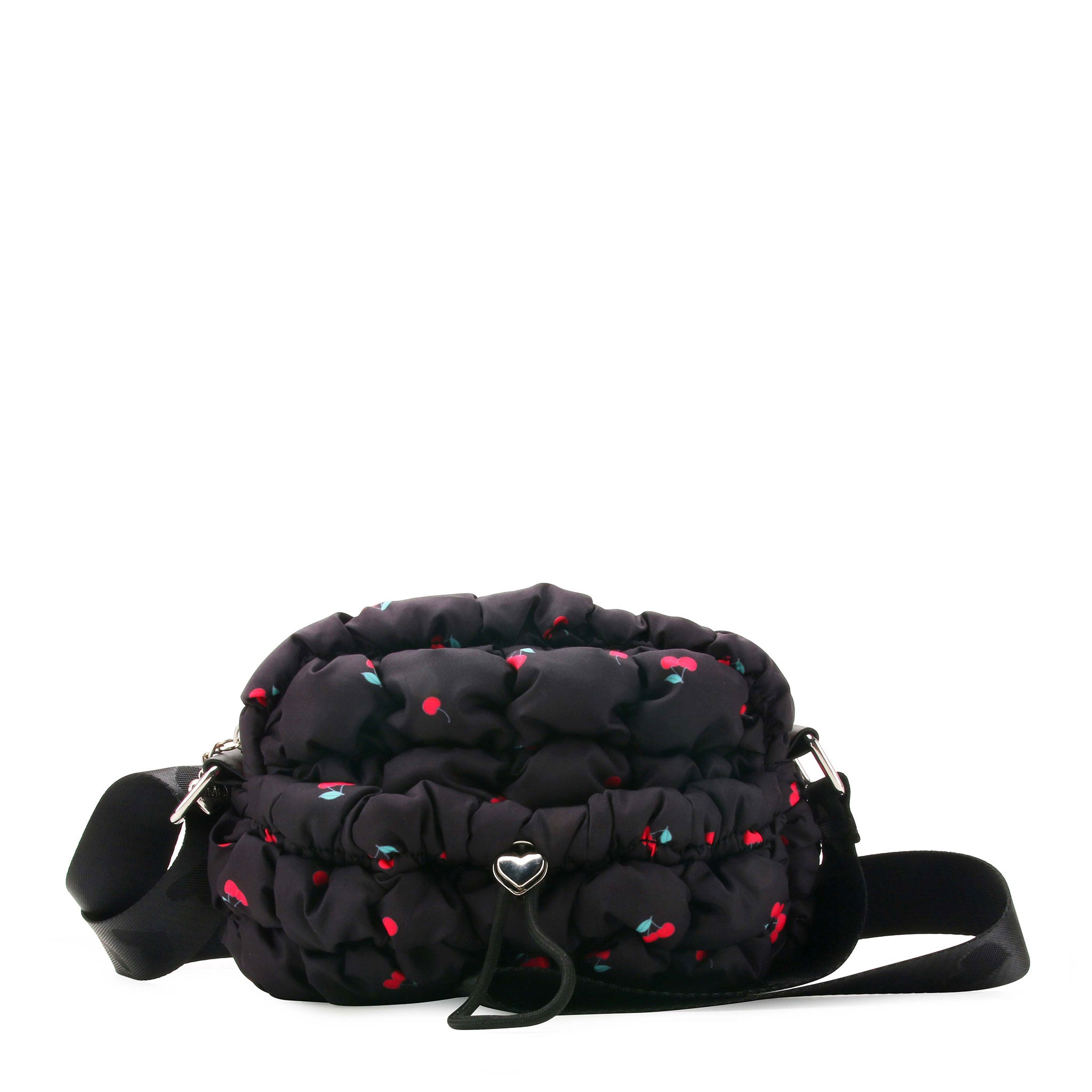 front facing angle of a black quilted crossbody with red cherry print