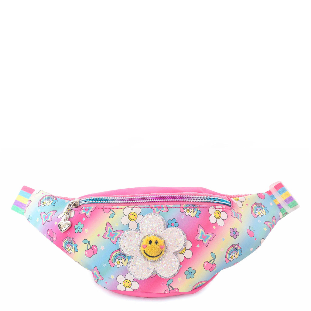 Front view of daisy & butterfly printed fanny pack with a glitter daisy flower appliqué.