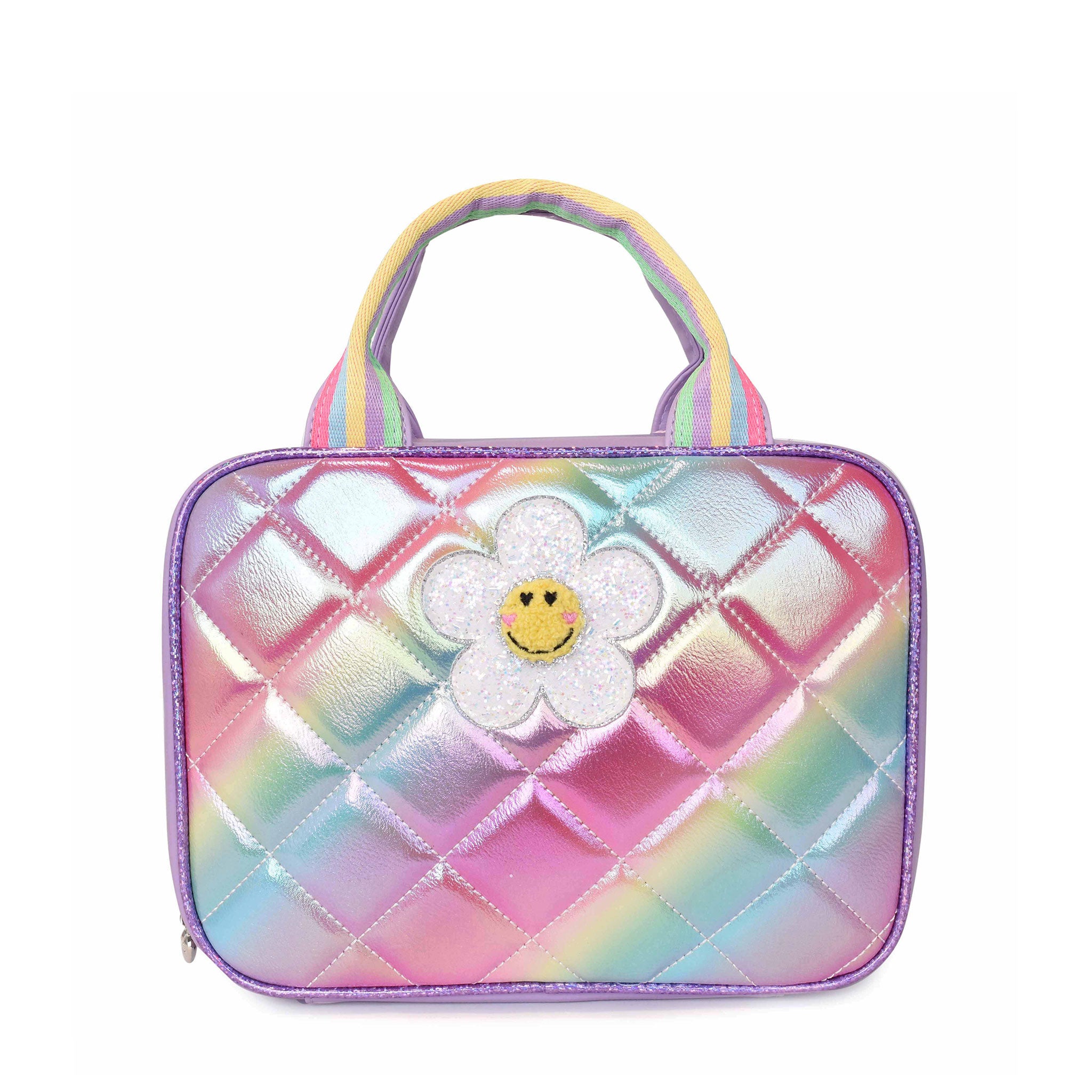 Front view of a metallic ombre quilted rectangular lunch bag with a glitter daisy applique