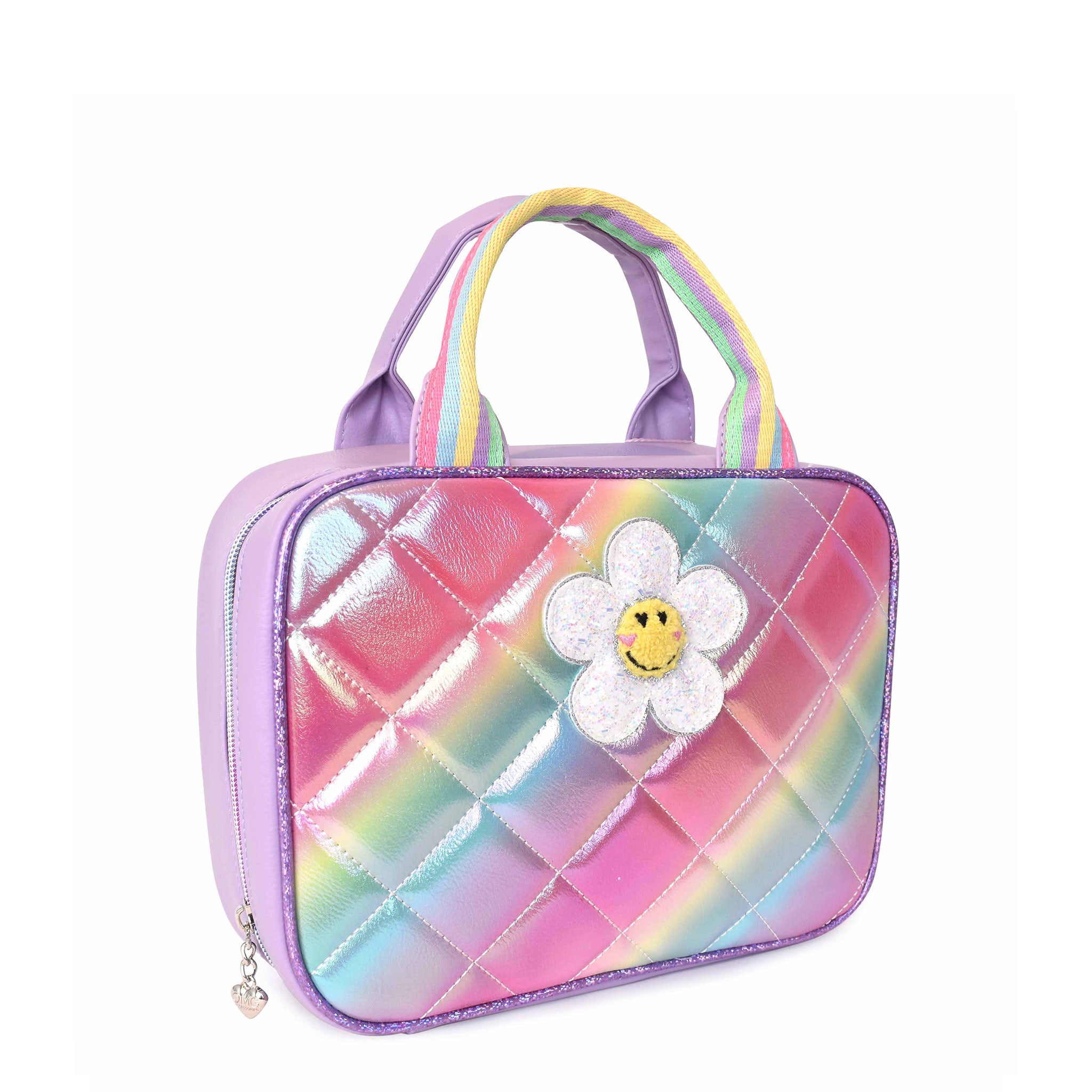 Side view of a metallic ombre quilted rectangular lunch bag with a glitter daisy applique