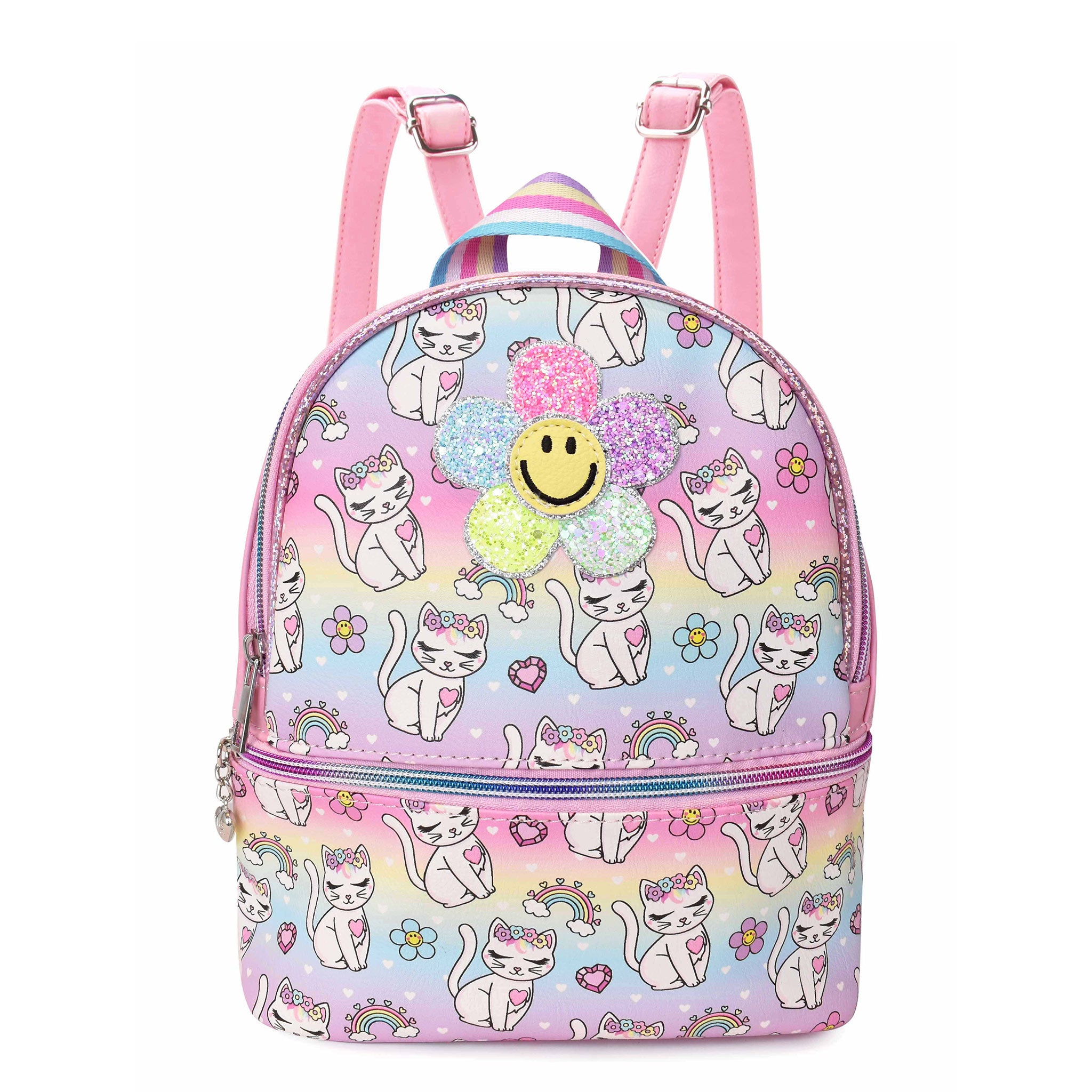 Front view of a kitty cat and rainbow printed mini backpack with a glitter smiley face daisy appliqué 