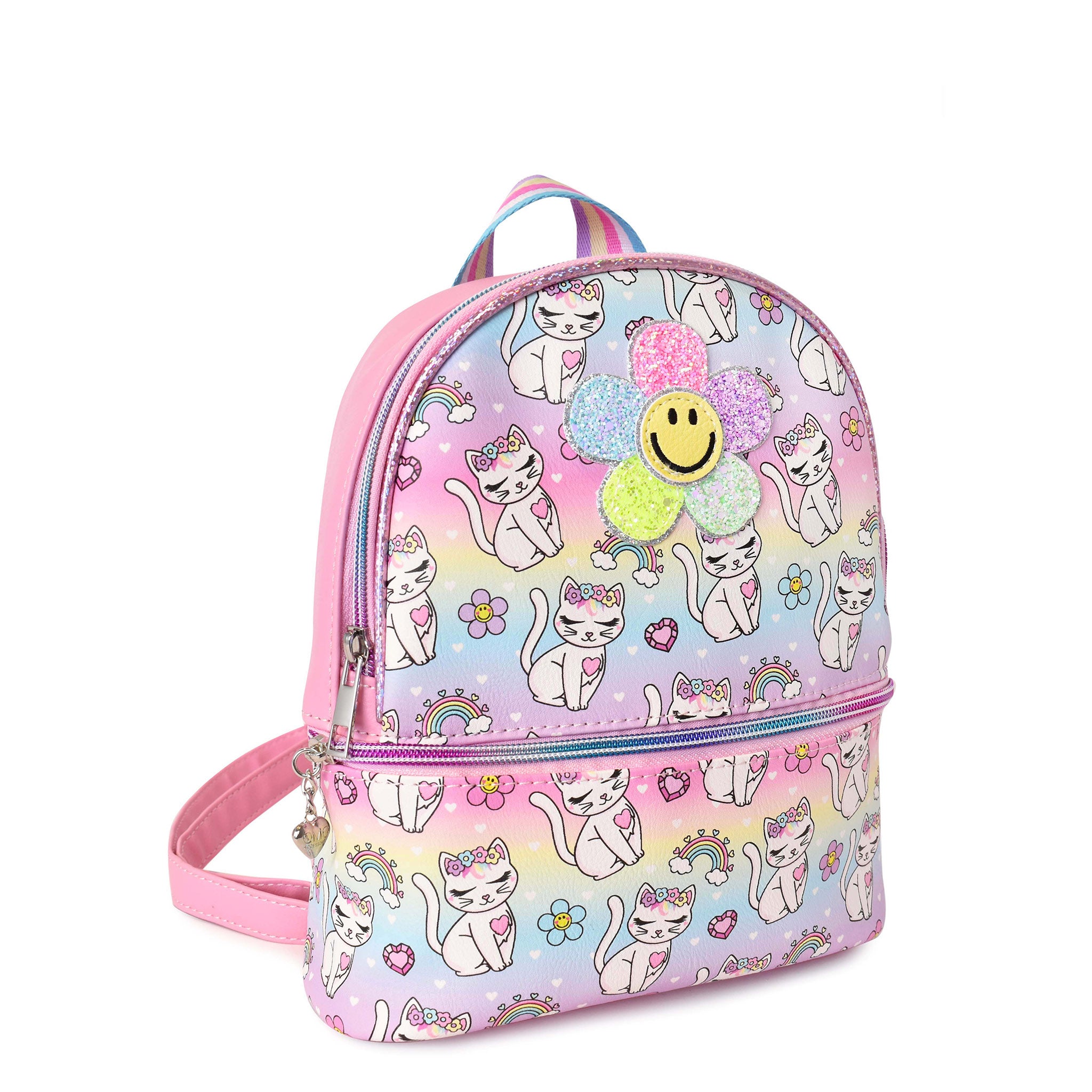 Side  view of a kitty cat and rainbow printed mini backpack with a glitter smiley face daisy appliqué