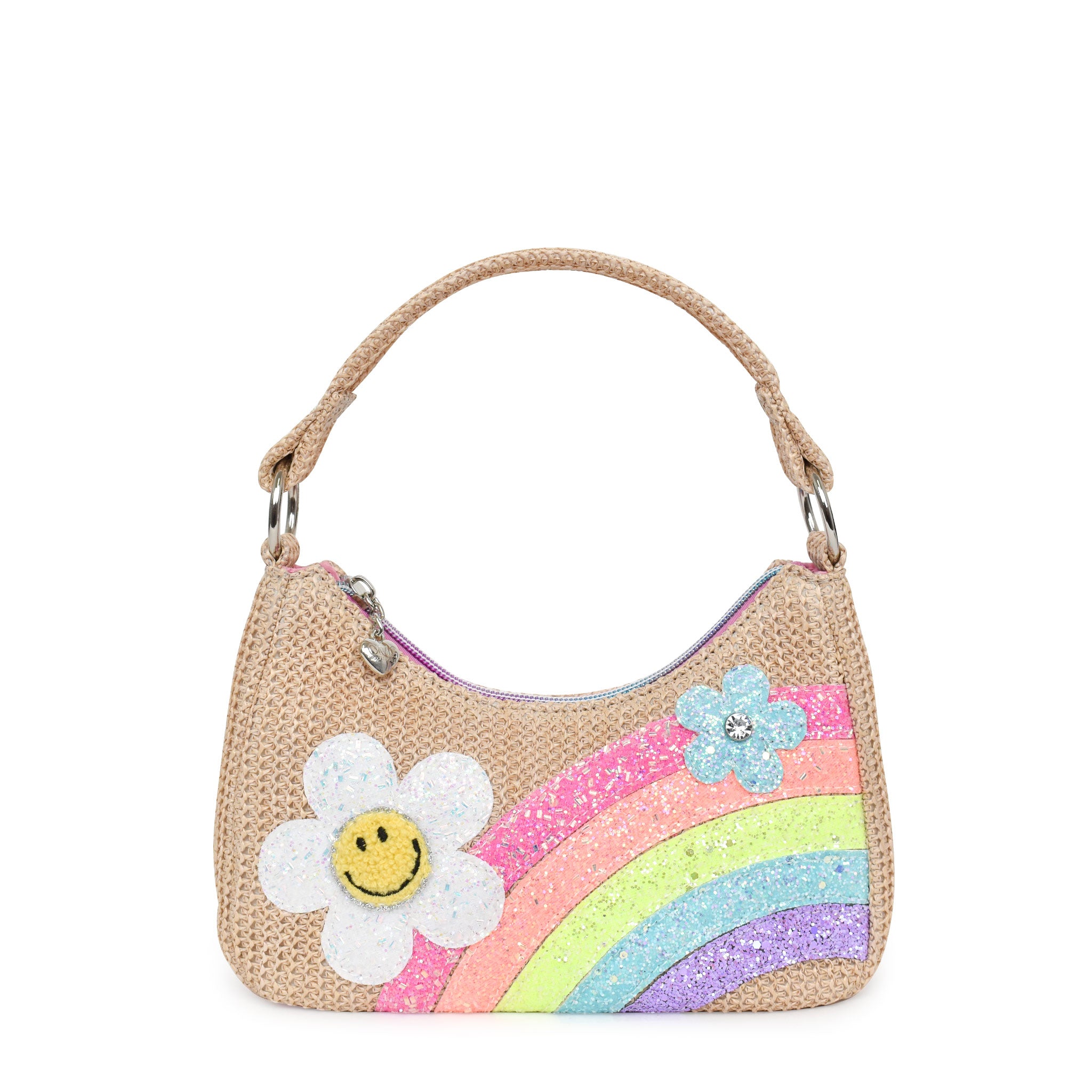 Front view of straw mini hobo bag with glitter rainbow and daisy appliqués 