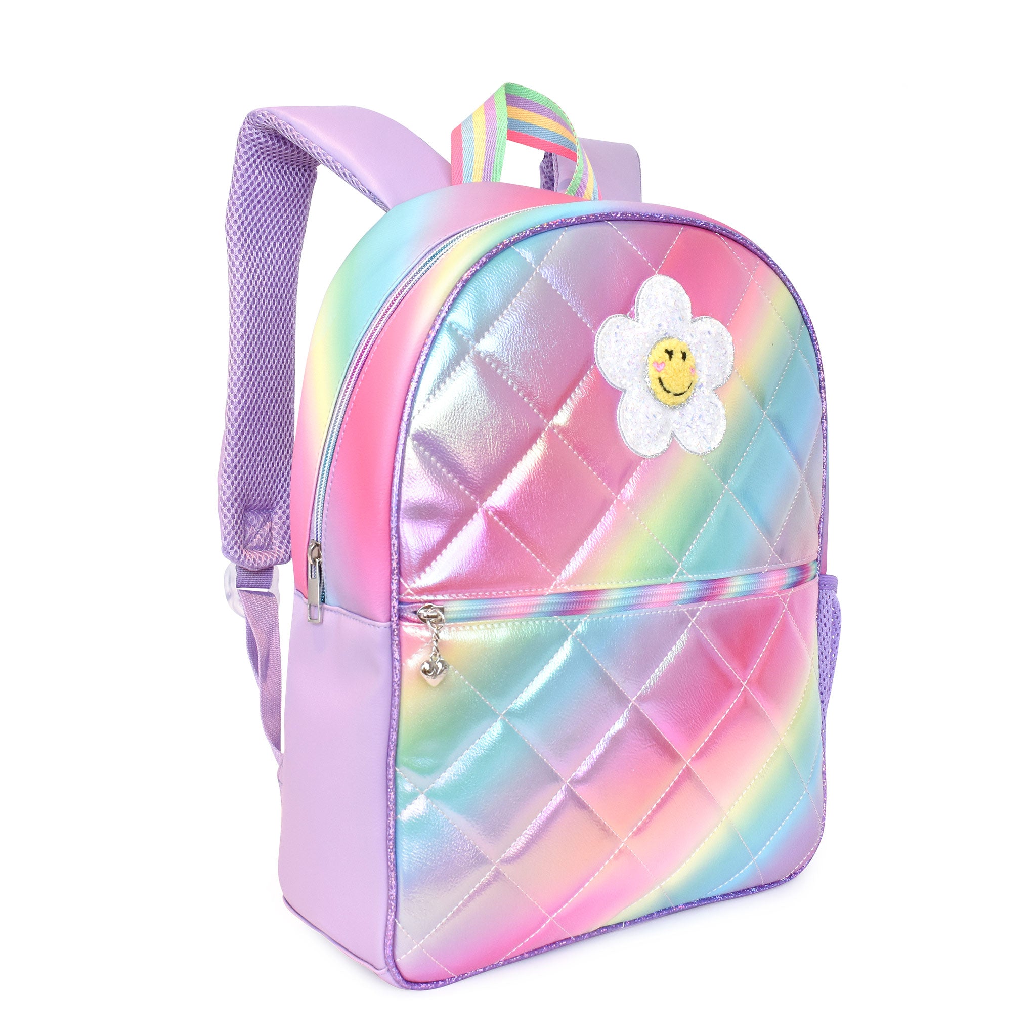 Side view of a rainbow metallic ombre quilted large backpack with a glitter daisy patch