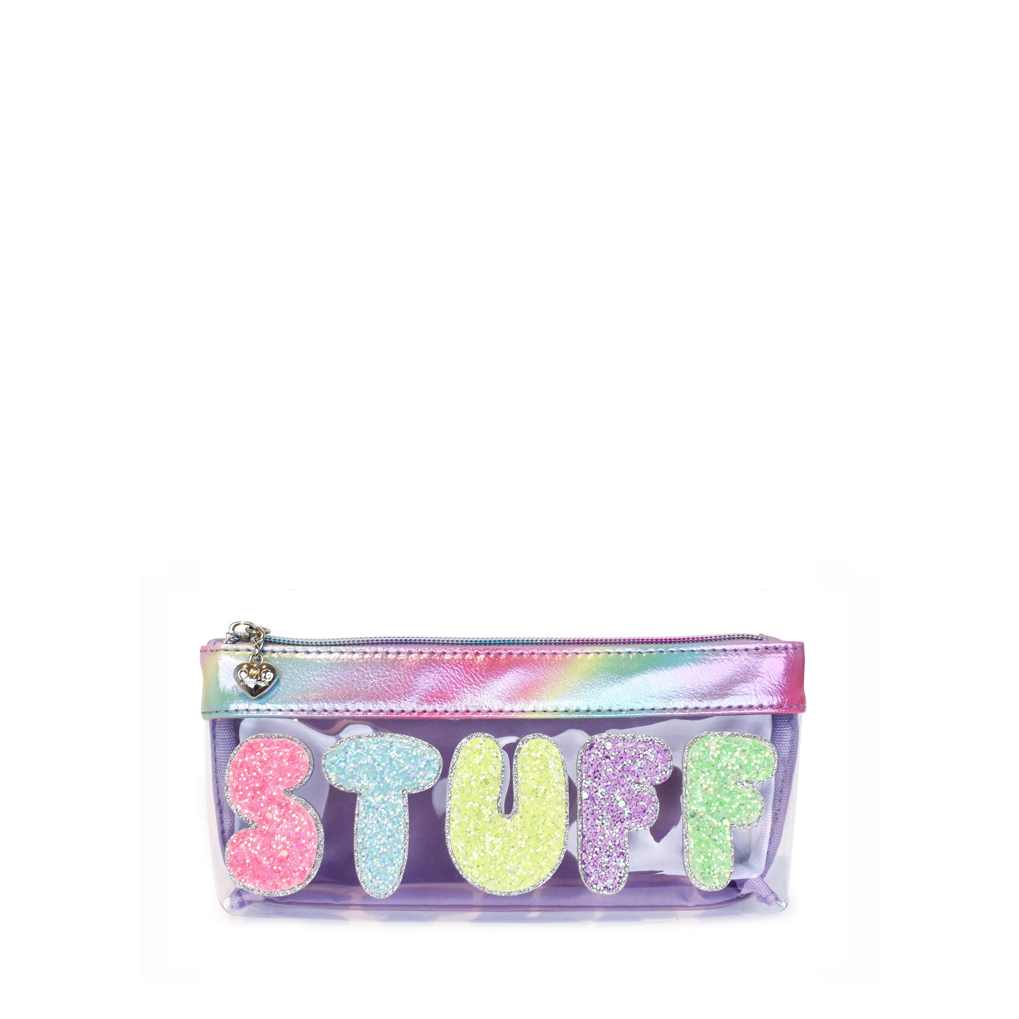 Front view  a clear pencil pouch with glitter bubble lettering 'STUFF'