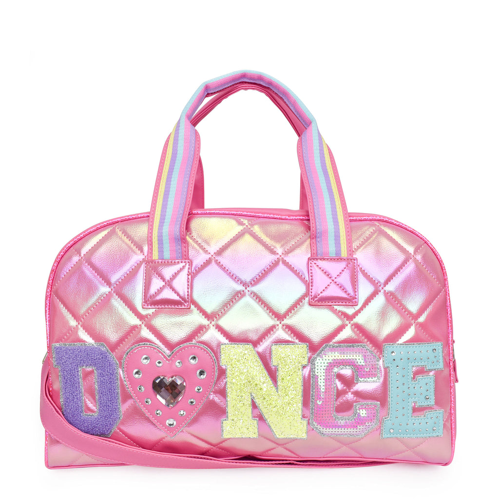 Front view of pink quilted metallic 'Dance' duffle with varsity-letter patches and a rhinestone heart patch