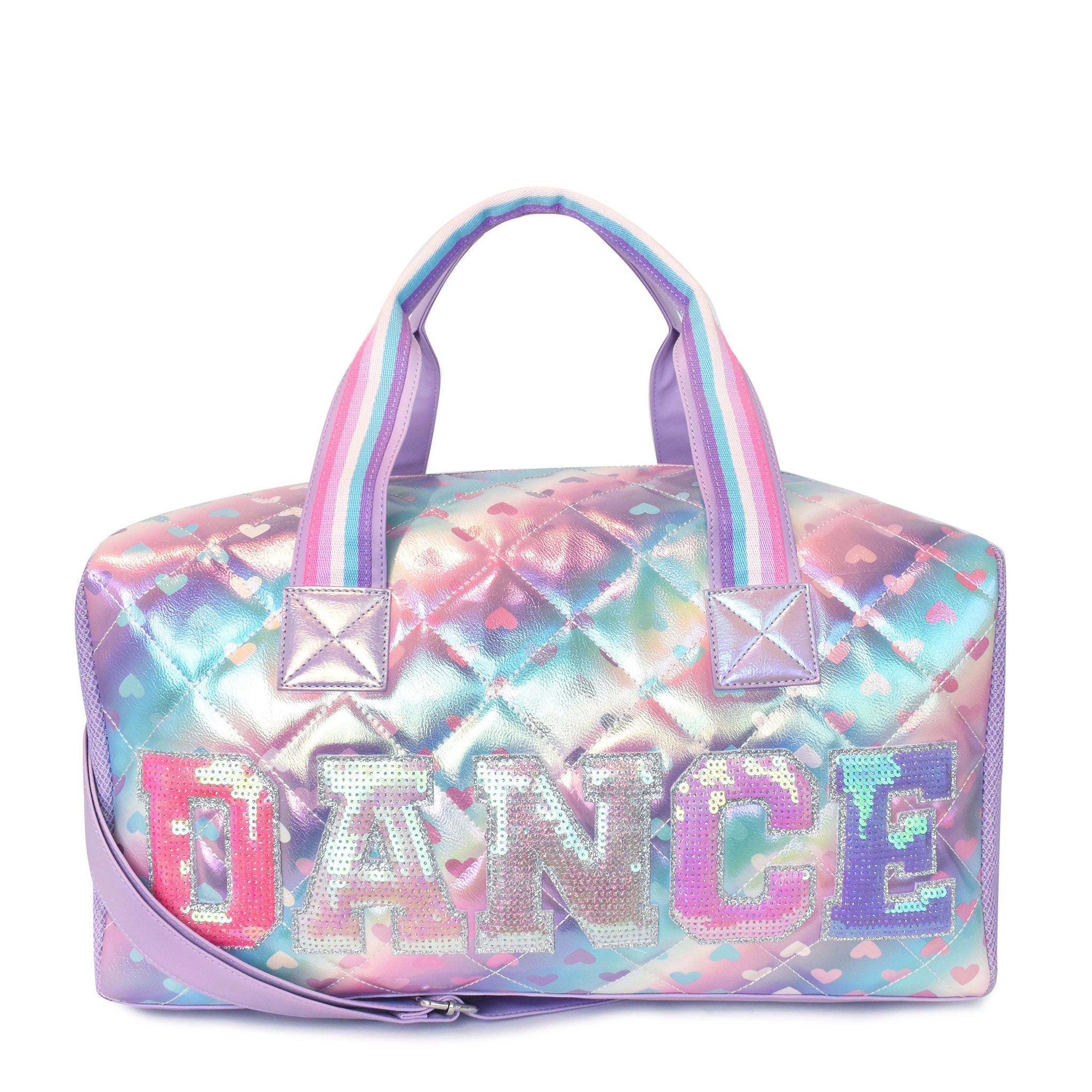 Front view of a metallic ombre heart printed large duffle bag with sequin varsity 'DANCE' lettering