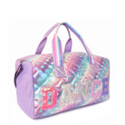 Side view of a metallic ombre heart printed large duffle bag with sequin varsity 'DANCE' lettering