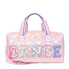 Front view of a pink metallic large duffle bag with sequin applique letters 'DANCE'  appliqué  