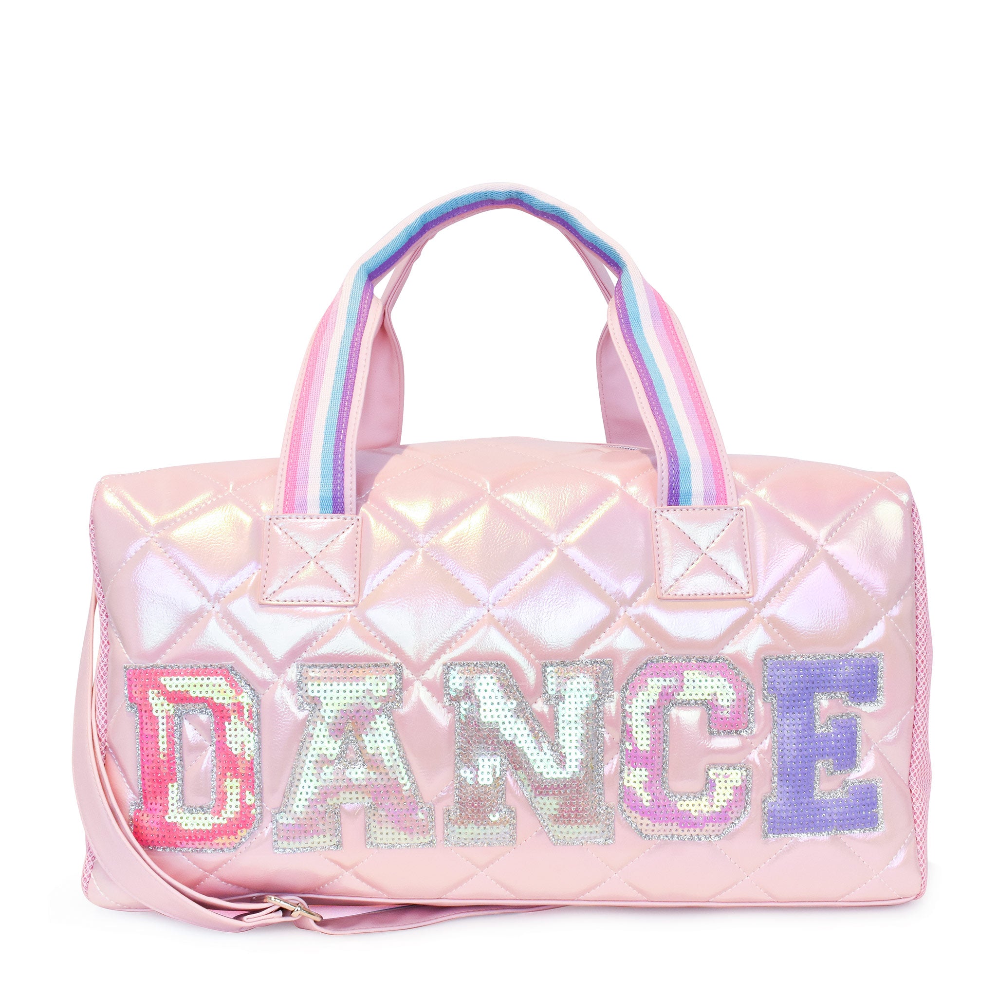 Front view of a pink metallic large duffle bag with sequin applique letters 'DANCE'  appliqué  