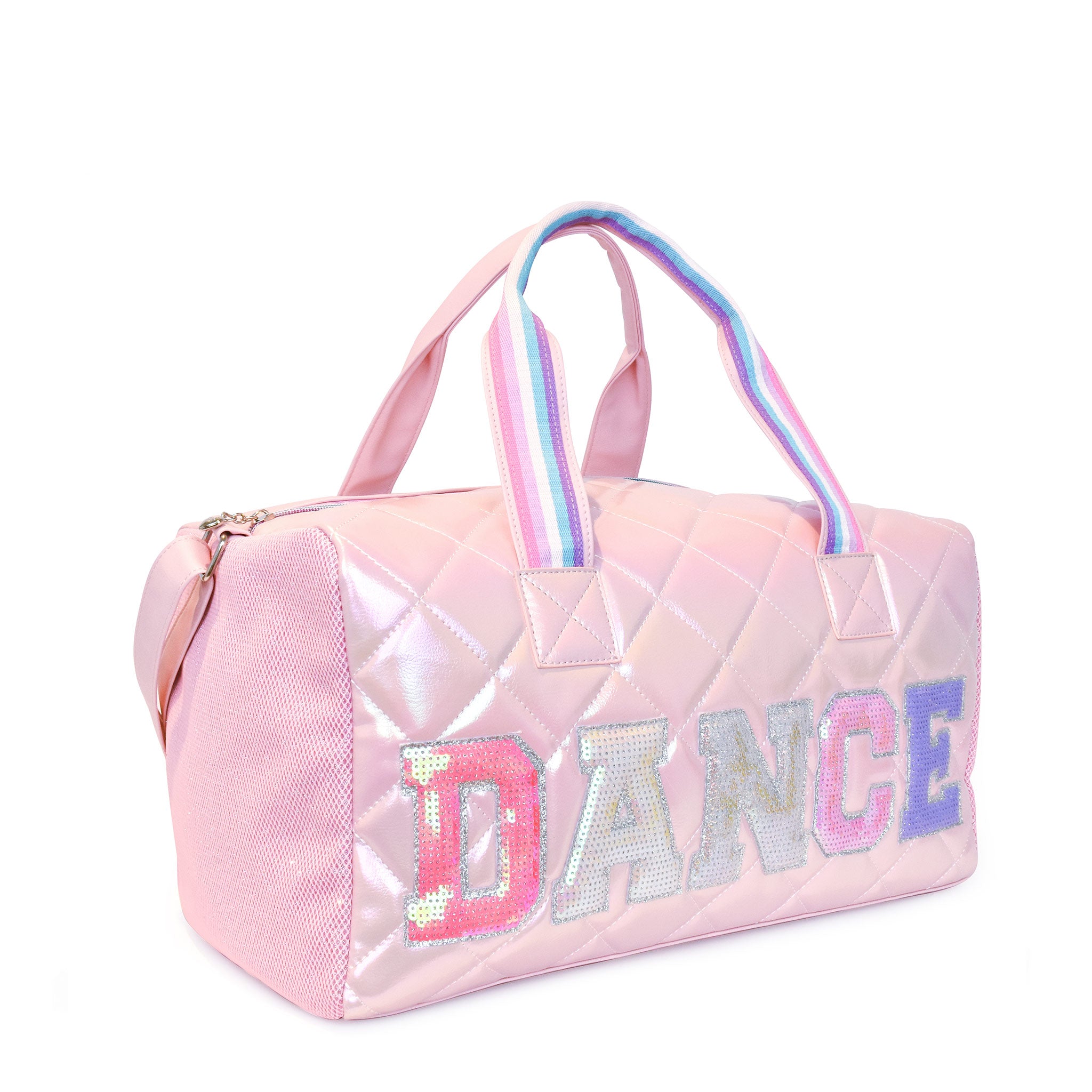 Side  view of a pink metallic large duffle bag with sequin applique letters 'DANCE'  appliqué  